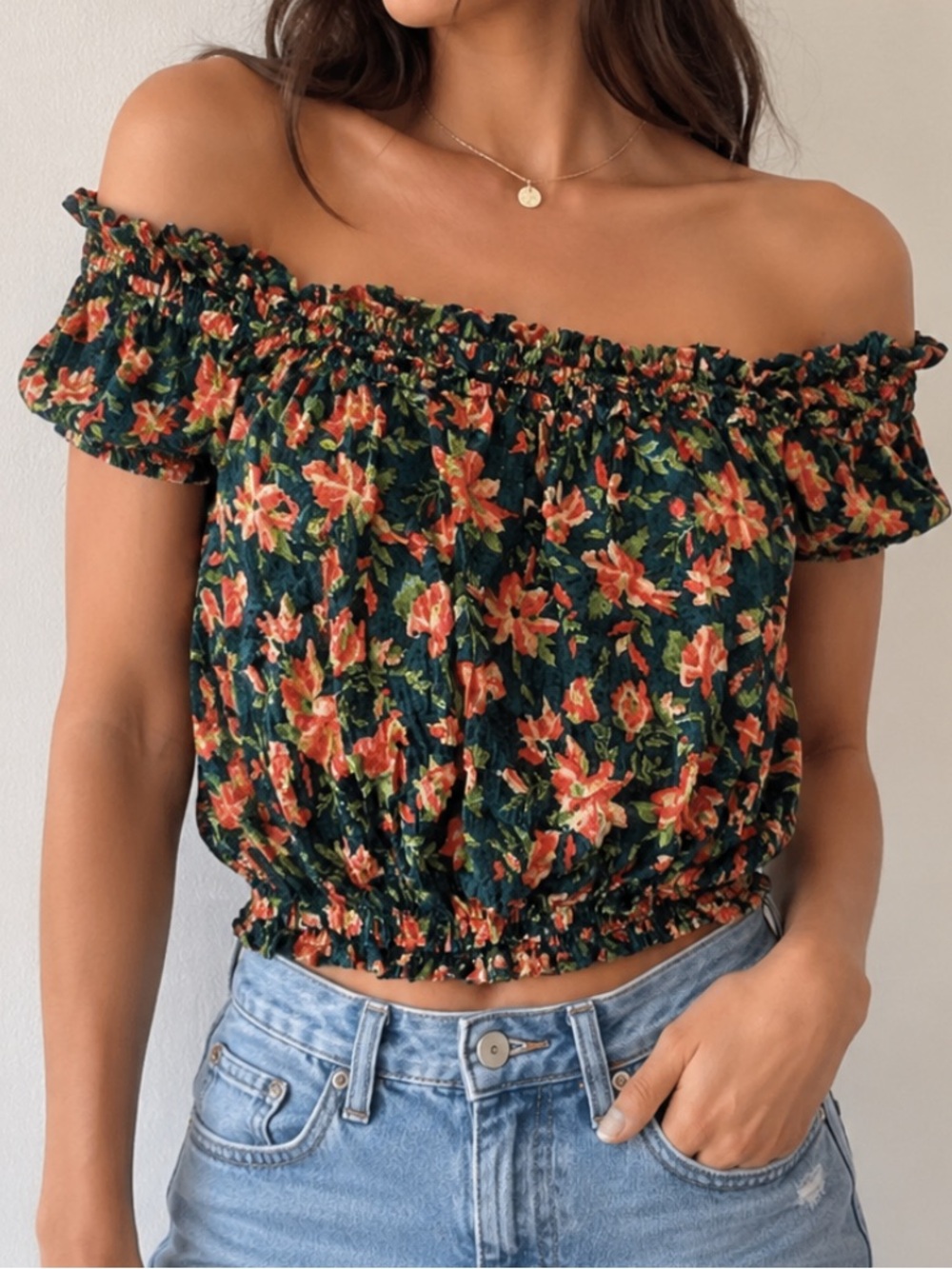 Free People floral off shoulder smocked crop top teal boho peasant blouse S/M
